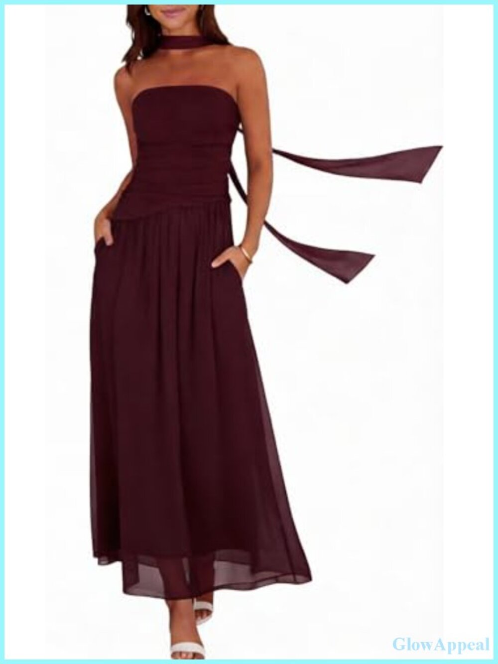 Women's Strapless Ruched Maxi Dress with Scarf Wedding Guest A-Line
